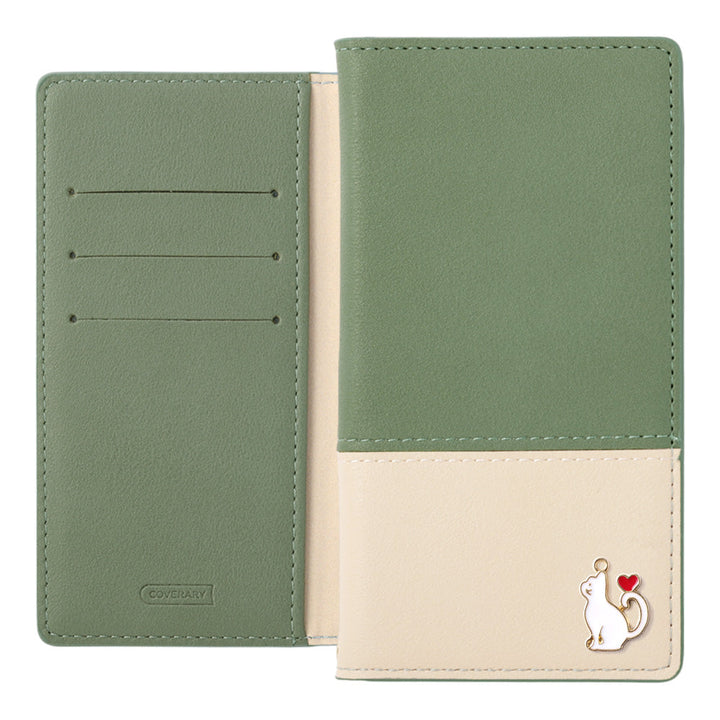 ヴィーガンレザー 表くすみバイカラー スタンド機能 ハートキャットデコ 手帳型ケース iPhoneシリーズ