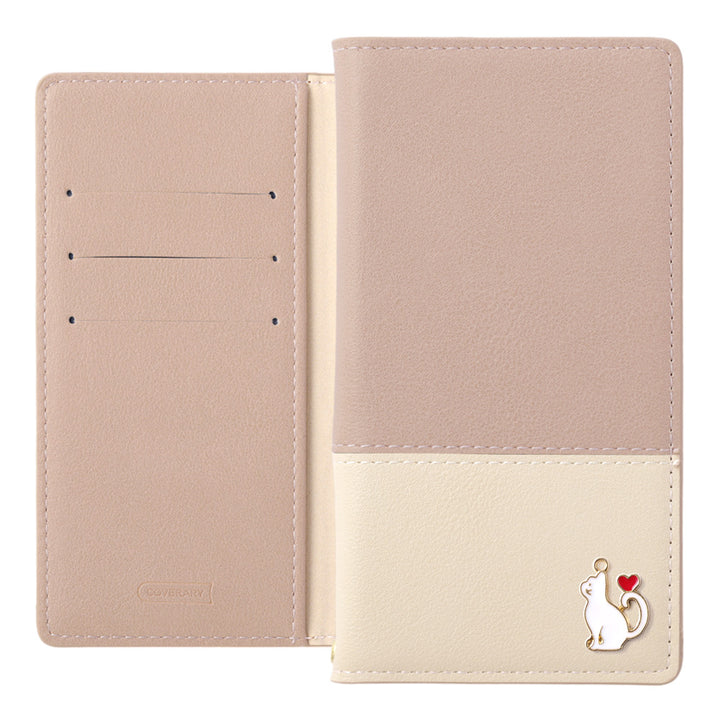 ヴィーガンレザー 表くすみバイカラー スタンド機能 ハートキャットデコ 手帳型ケース