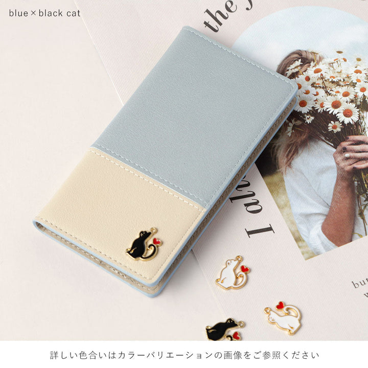 ヴィーガンレザー 表くすみバイカラー スタンド機能 ハートキャットデコ 手帳型ケース AQUOSシリーズ