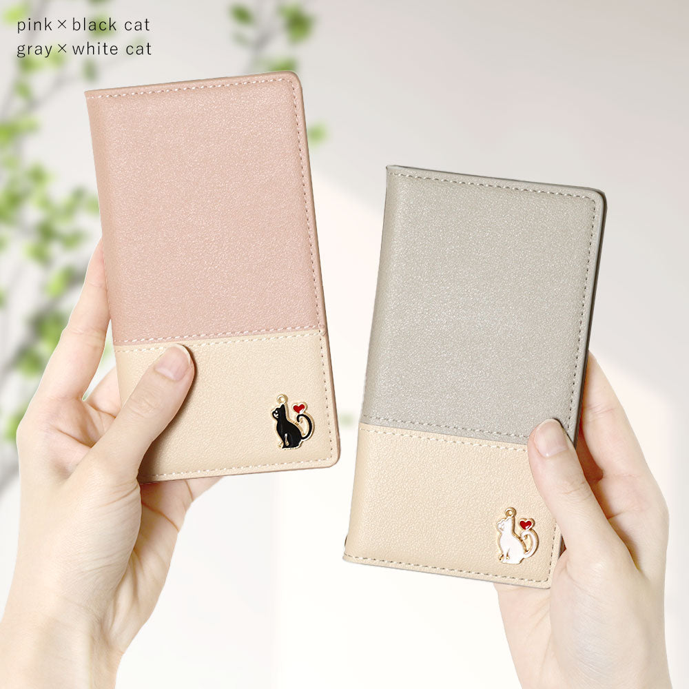 ヴィーガンレザー 表くすみバイカラー スタンド機能 ハートキャットデコ 手帳型ケース AQUOSシリーズ