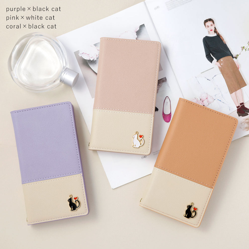 ヴィーガンレザー 表くすみバイカラー スタンド機能 ハートキャットデコ 手帳型ケース Galaxyシリーズ