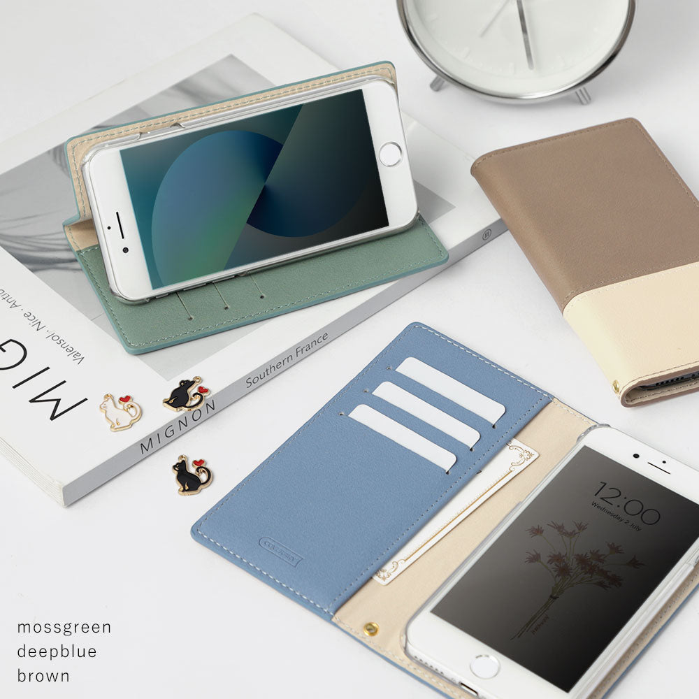 ヴィーガンレザー 表くすみバイカラー スタンド機能 ハートキャットデコ 手帳型ケース Galaxyシリーズ