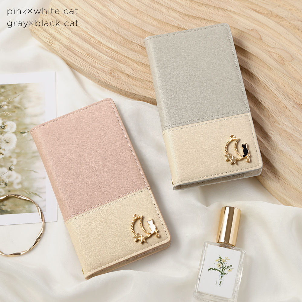 Cuir végan bicolore terne extérieur Fonction support Décoration Moon Cat Étui portefeuille Série AQUOS