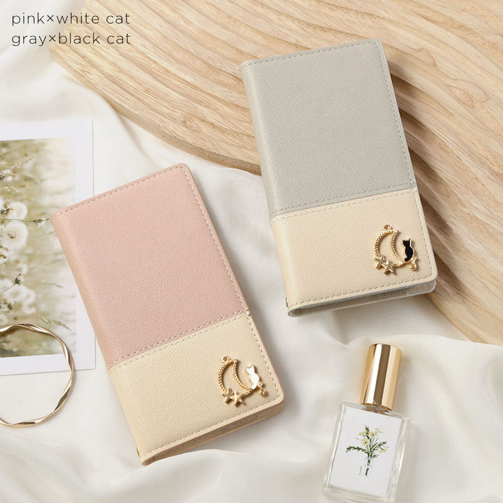 Cuir végan bicolore terne extérieur Fonction support Décoration Moon Cat Étui portefeuille Série AQUOS
