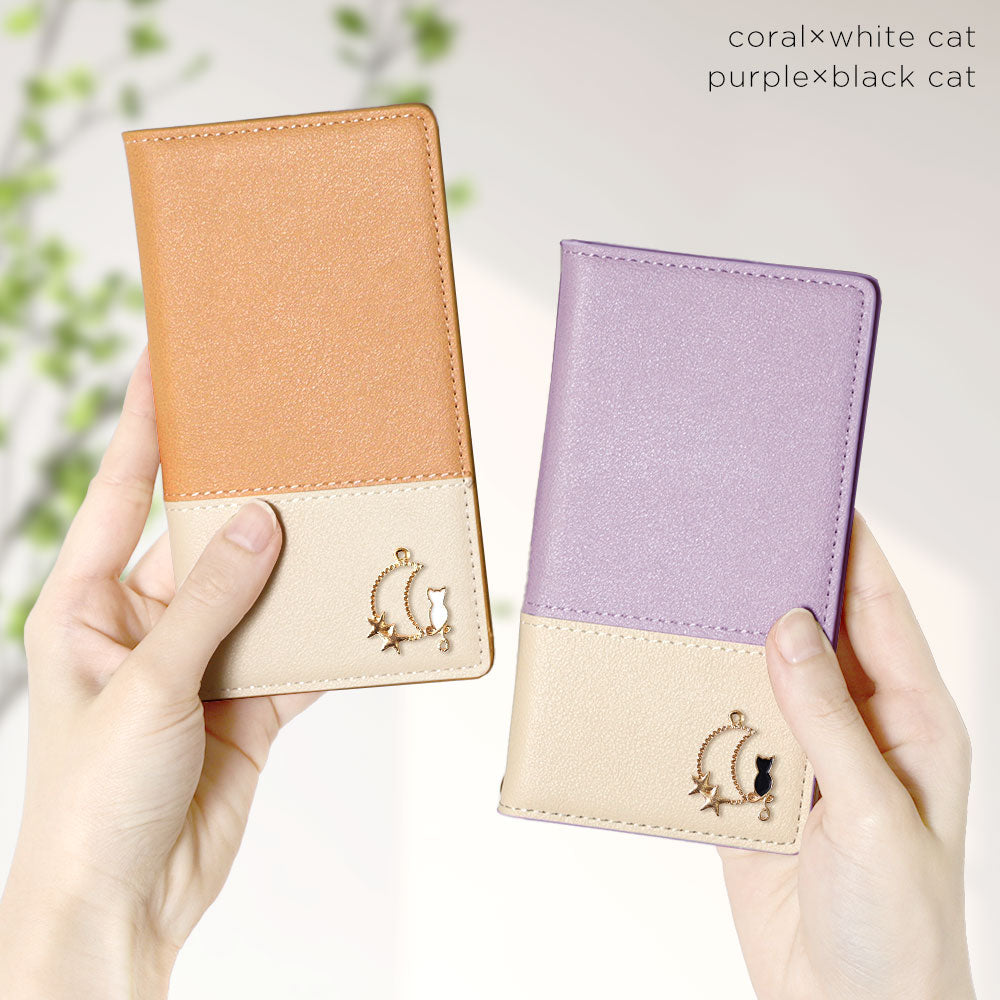 Cuir végan bicolore terne extérieur Fonction support Décoration Moon Cat Étui portefeuille Série AQUOS