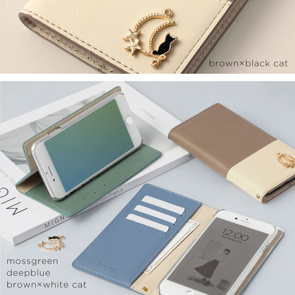 Cuir végan bicolore terne extérieur Fonction support Décoration Moon Cat Étui portefeuille Série AQUOS