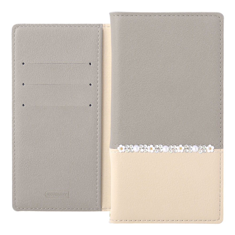 Étui portefeuille à rabat avec fonction support, cuir végan bicolore délavé, ligne florale, pour la série iPhone