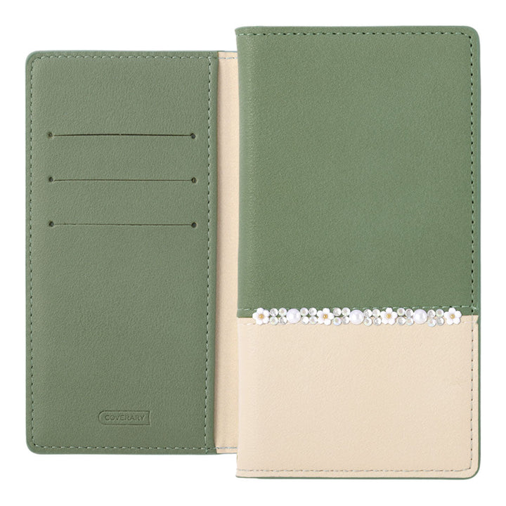 Étui portefeuille à rabat avec fonction support, cuir végan bicolore délavé, ligne florale, pour la série iPhone