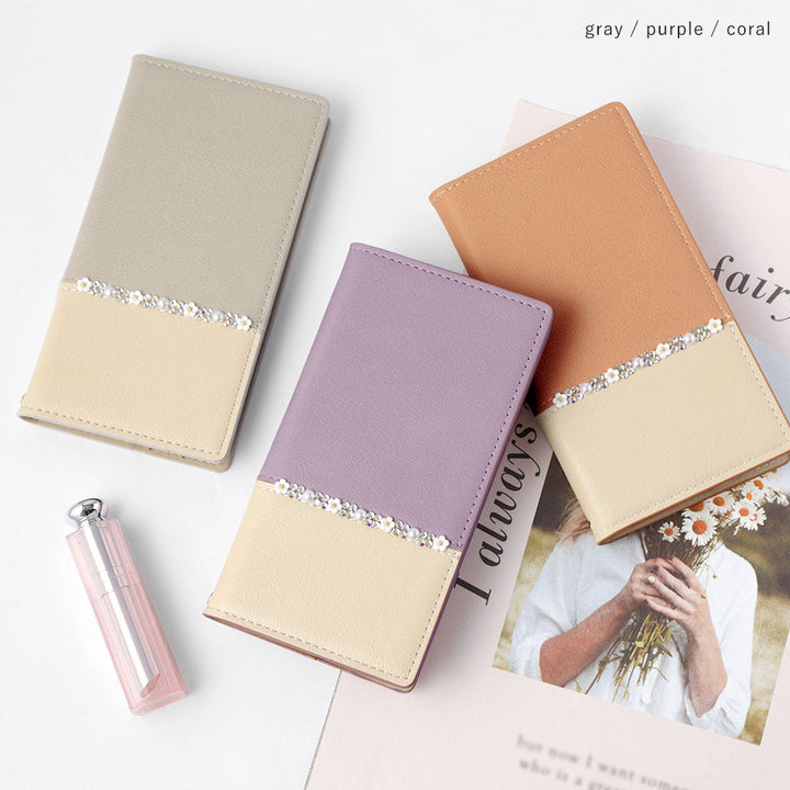 Vegan leather, front dull bicolor, stand function, flower line, notebook-style case for Galaxy series