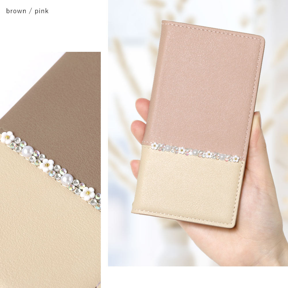 Vegan leather, front dull bicolor, stand function, flower line, notebook-style case for Galaxy series