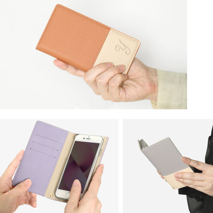 ヴィーガンレザー 表くすみバイカラー スタンド機能 イニシャル 手帳型ケース