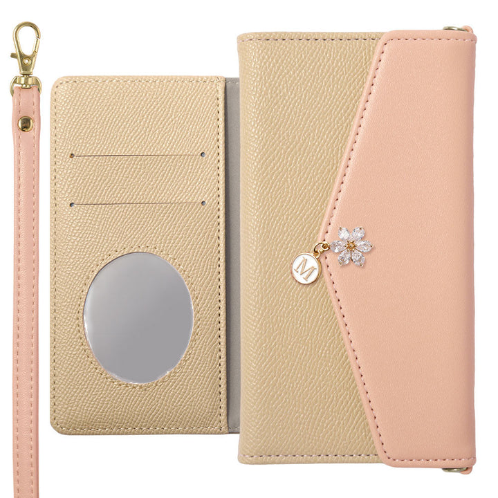 ヴィーガンレザー バイカラー 三つ折り フラワーイニシャルチャーム ストラップ付き 手帳型ケース