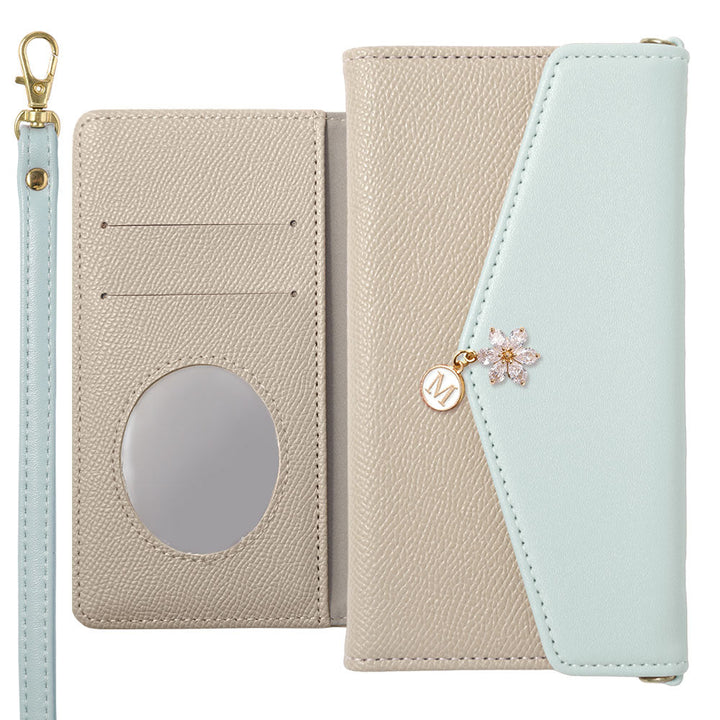 ヴィーガンレザー バイカラー 三つ折り フラワーイニシャルチャーム ストラップ付き 手帳型ケース