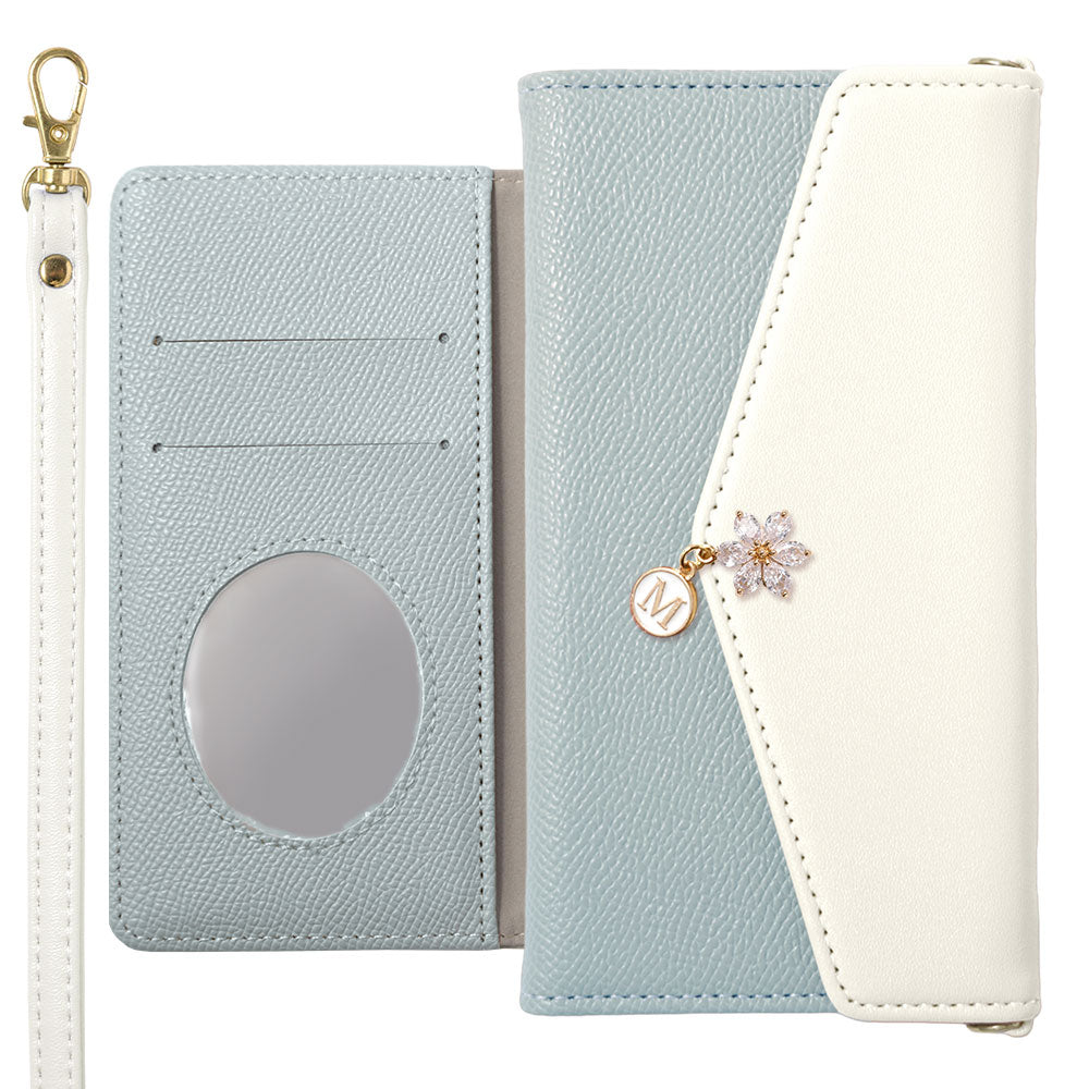 ヴィーガンレザー バイカラー 三つ折り フラワーイニシャルチャーム ストラップ付き 手帳型ケース