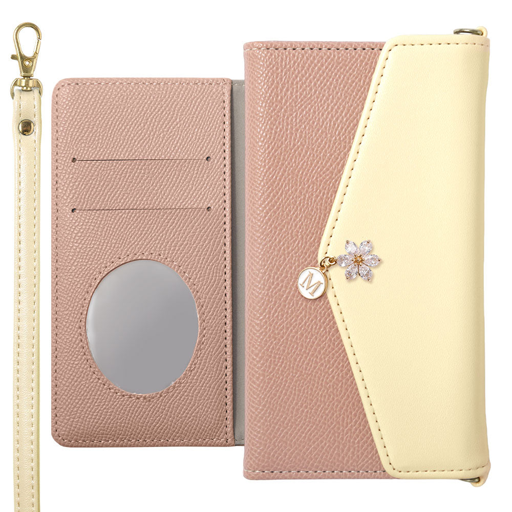 ヴィーガンレザー バイカラー 三つ折り フラワーイニシャルチャーム ストラップ付き 手帳型ケース