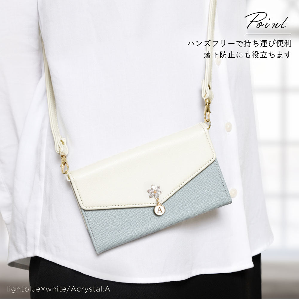 ヴィーガンレザー バイカラー 三つ折り フラワーイニシャルチャーム ストラップ付き 手帳型ケース