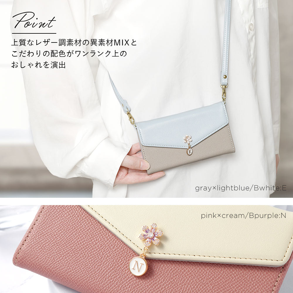 ヴィーガンレザー バイカラー 三つ折り フラワーイニシャルチャーム ストラップ付き 手帳型ケース