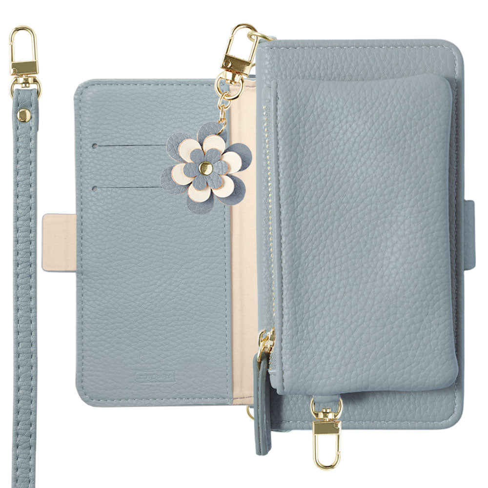 Vegan leather smoky color flower charm stand function pouch & shoulder strap included notebook-style case (with belt) for iPhone series