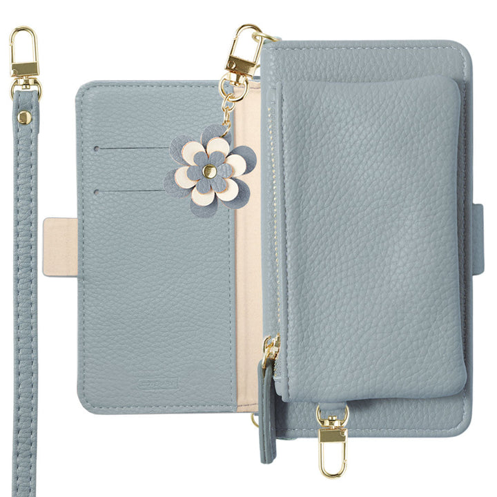 Vegan leather smoky color flower charm stand function pouch & shoulder strap included notebook-style case (with belt) Xperia series