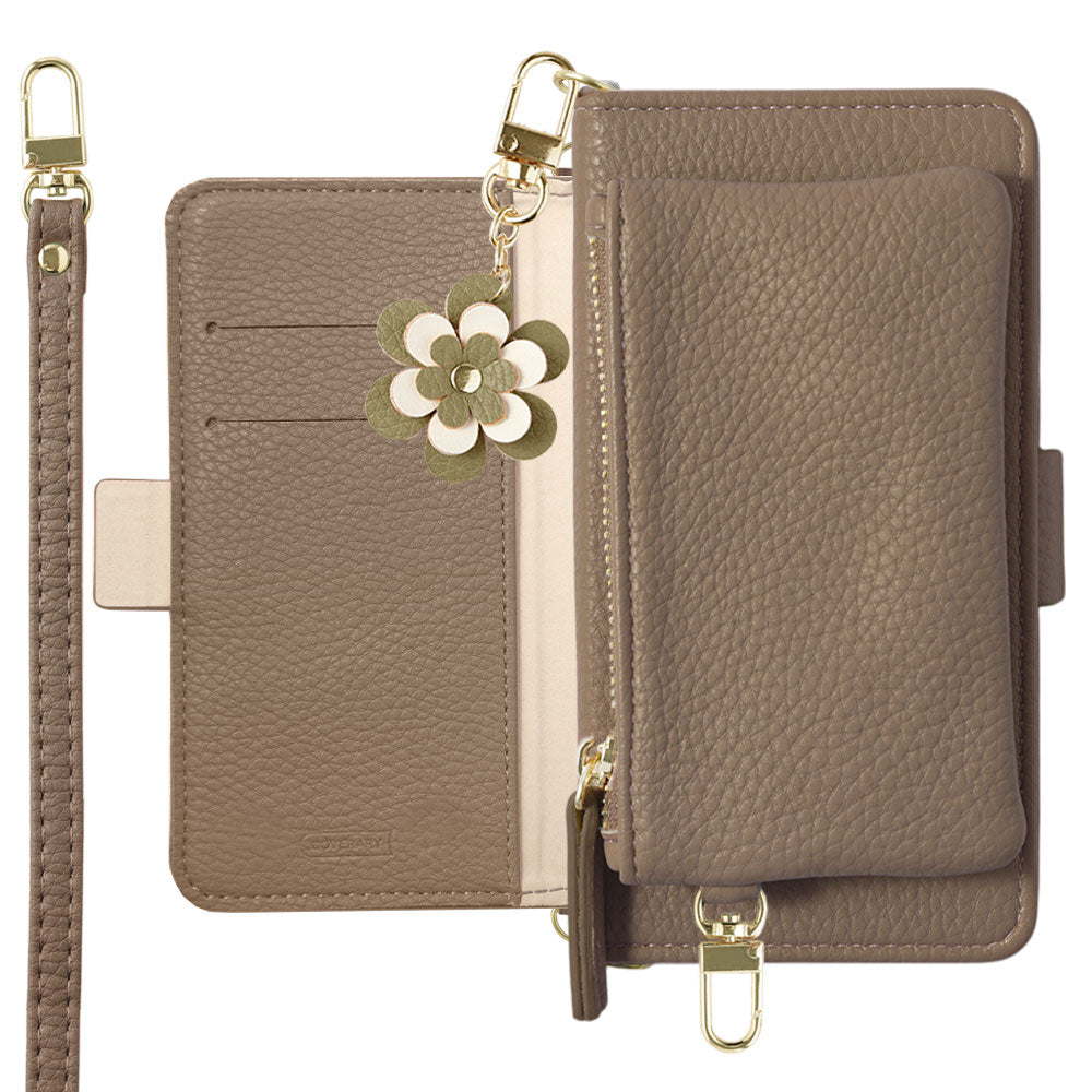 Vegan leather smoky color flower charm stand function pouch & shoulder strap included notebook-style case (with belt)