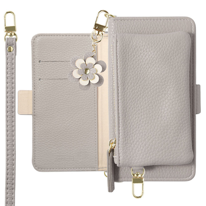 Étui portefeuille avec fonction support, pochette et bandoulière, cuir végan couleur fumée, breloque fleur (avec ceinture) pour la série AQUOS