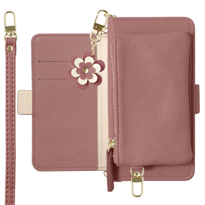 Étui portefeuille avec fonction support, pochette et bandoulière, cuir végan couleur fumée, breloque fleur (avec ceinture) pour la série AQUOS