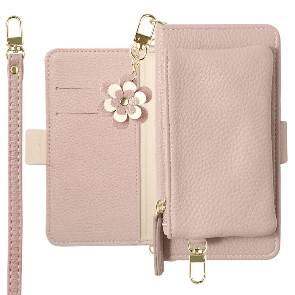 Étui portefeuille avec fonction support, pochette et bandoulière, cuir végan couleur fumée, breloque fleur (avec ceinture) pour la série AQUOS