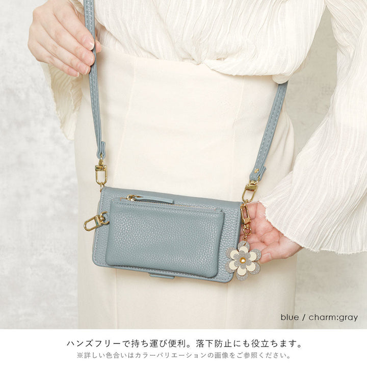 Vegan leather smoky color flower charm stand function pouch & shoulder strap included notebook-style case (with belt) Xperia series