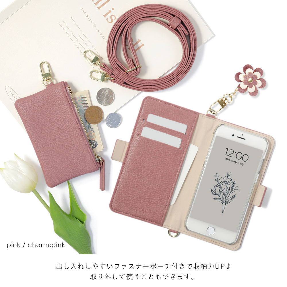 Vegan leather smoky color flower charm stand function pouch & shoulder strap included notebook-style case (with belt) for iPhone series