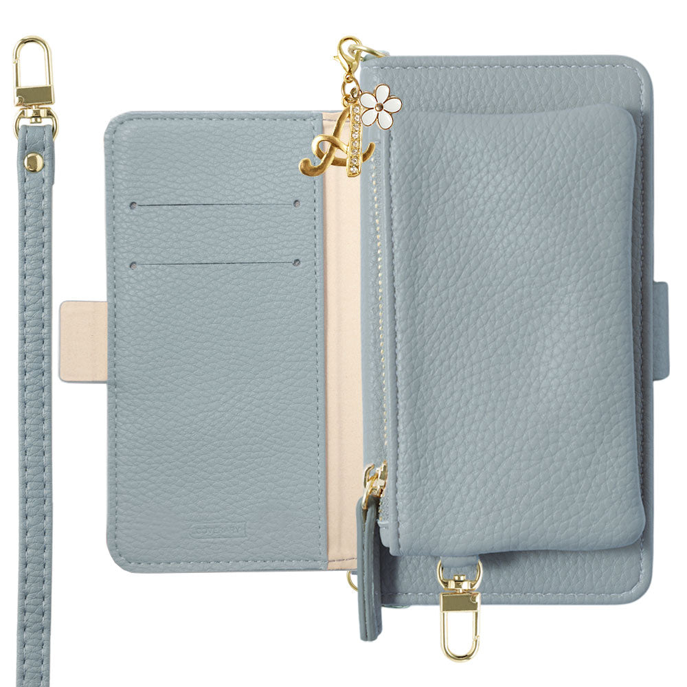 Vegan leather smoky color stand function pouch & shoulder strap included flower initial charm folio case (with belt) for iPhone series