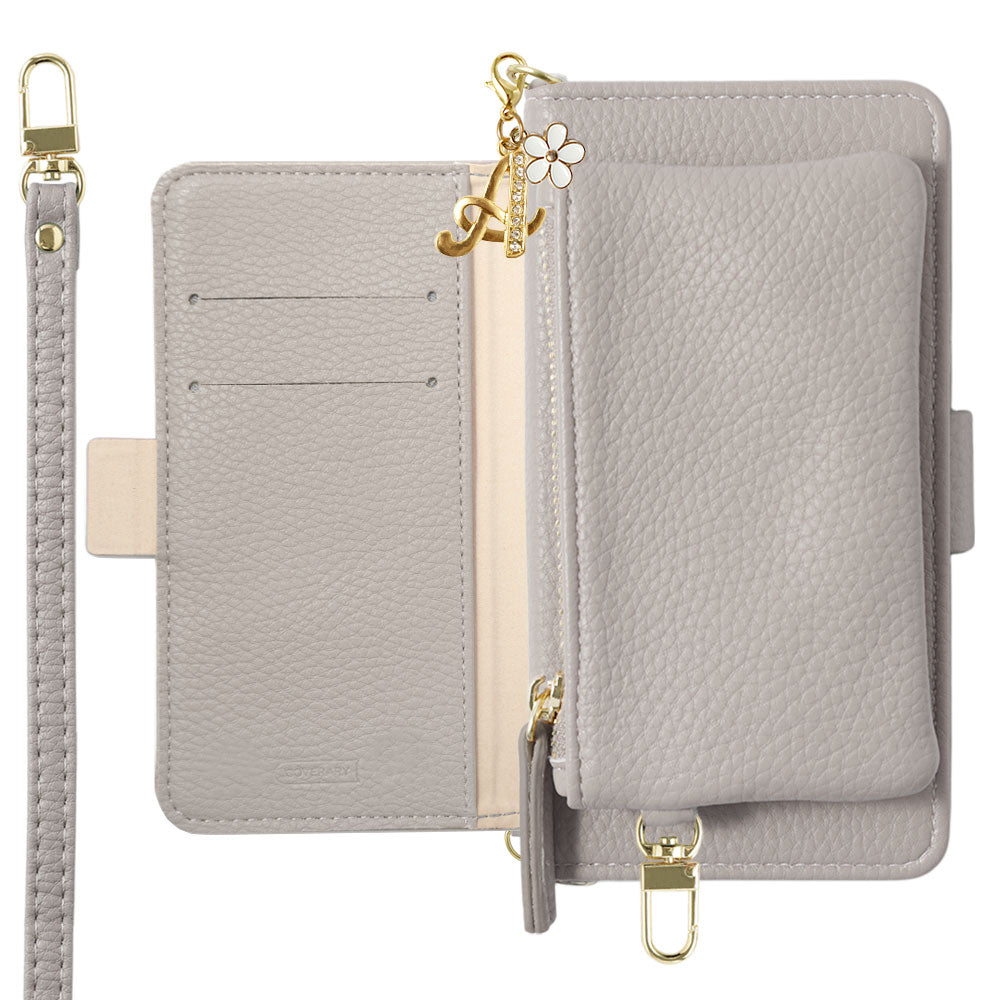 Vegan leather smoky color stand function pouch & shoulder strap included flower initial charm notebook-style case (with belt)