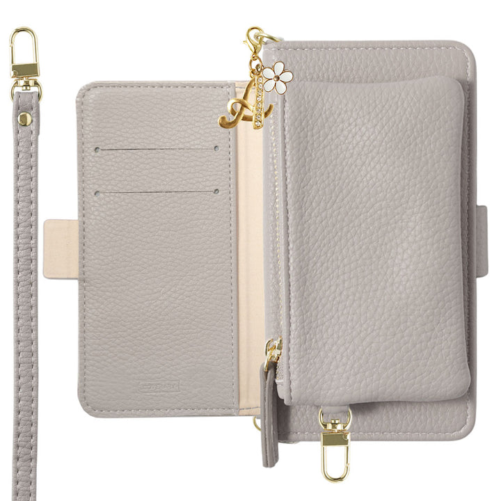 Vegan leather smoky color stand function pouch & shoulder strap included flower initial charm notebook-style case (with belt)