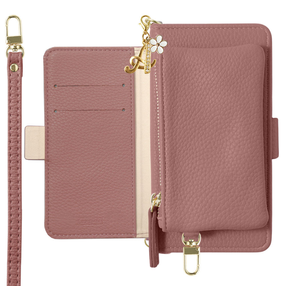 Vegan leather smoky color stand function pouch & shoulder strap included flower initial charm folio case (with belt) for iPhone series