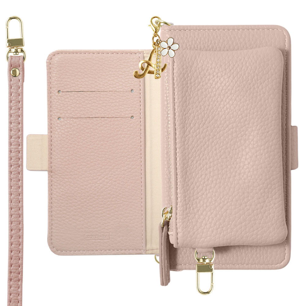 Vegan leather smoky color stand function pouch & shoulder strap included flower initial charm folio case (with belt) for iPhone series