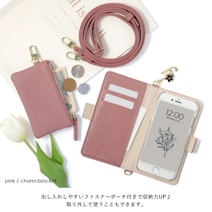 Vegan leather smoky color stand function pouch & shoulder strap included flower initial charm notebook-style case (with belt)