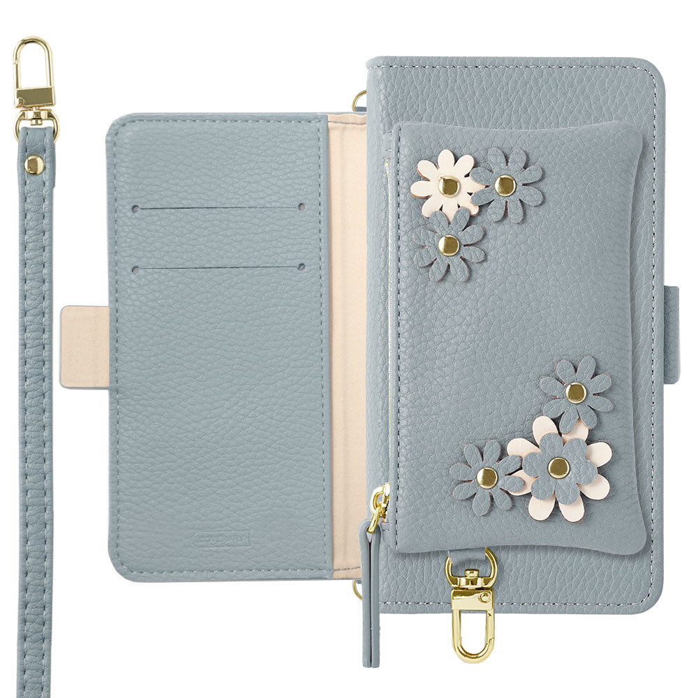 Vegan leather smoky color flower motif stand function pouch & shoulder strap included notebook-style case (with belt) for iPhone series