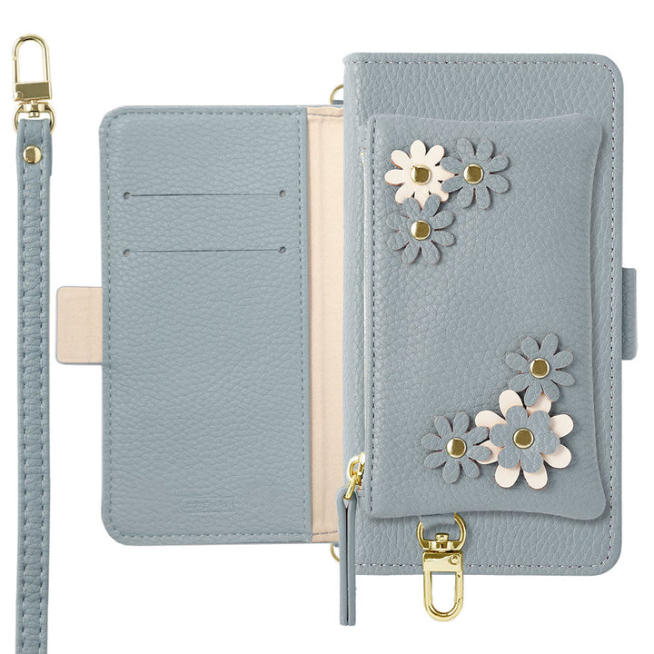 Vegan leather smoky color flower motif stand function pouch & shoulder strap included notebook-style case (with belt) for iPhone series