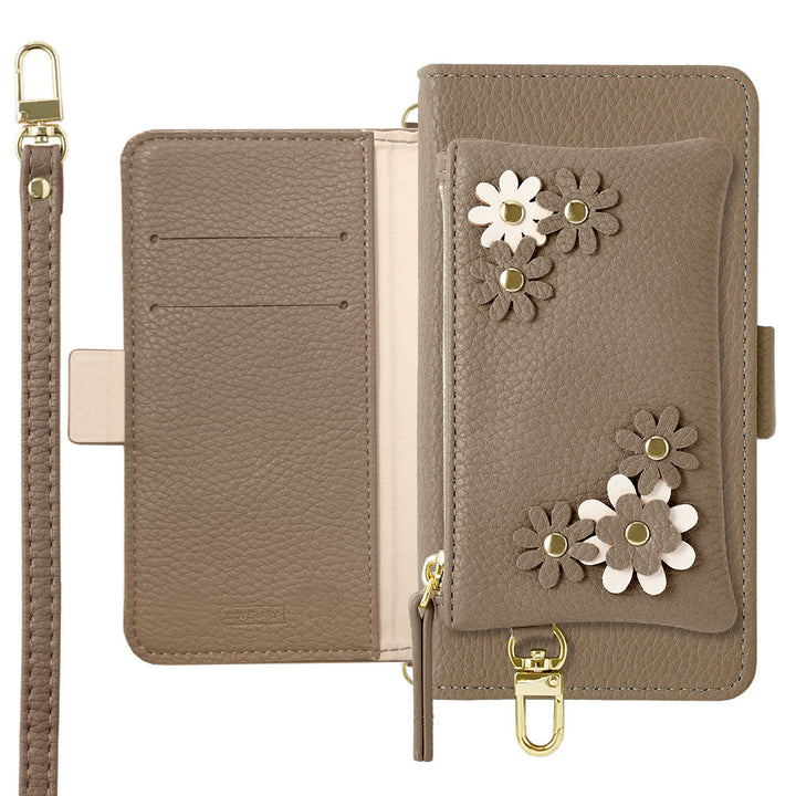 Vegan leather smoky color flower motif stand function pouch & shoulder strap included notebook-style case (with belt) for iPhone series