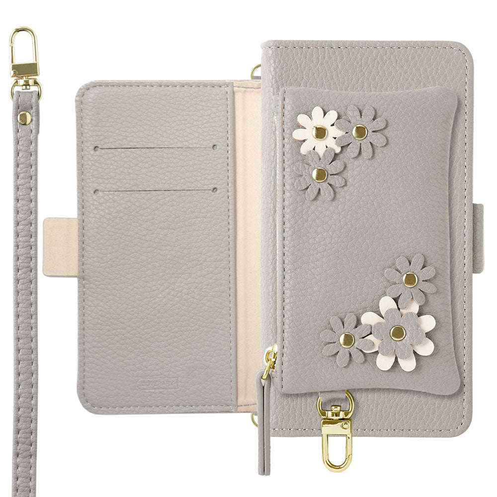 Vegan leather smoky color flower motif stand function pouch & shoulder strap included notebook-style case (with belt) Galaxy series