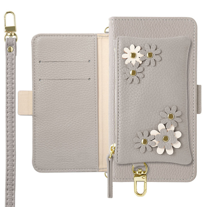 Vegan leather smoky color flower motif stand function pouch & shoulder strap included notebook-style case (with belt) Galaxy series