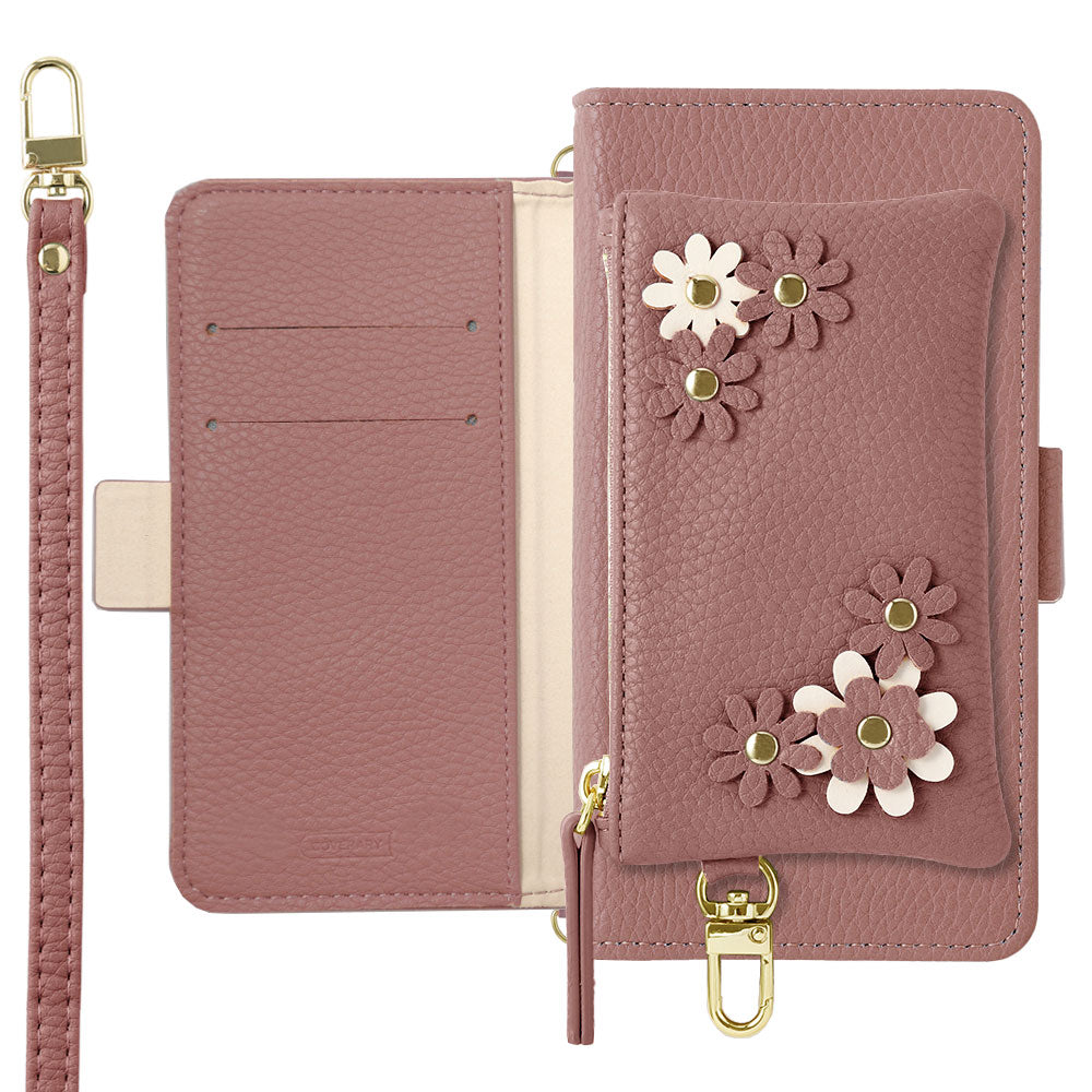Vegan leather smoky color flower motif stand function pouch & shoulder strap included notebook-style case (with belt) for iPhone series