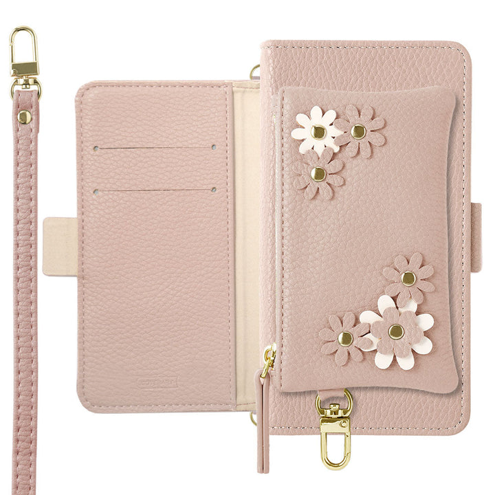 Vegan leather smoky color flower motif stand function pouch & shoulder strap included notebook-style case (with belt) Xperia series