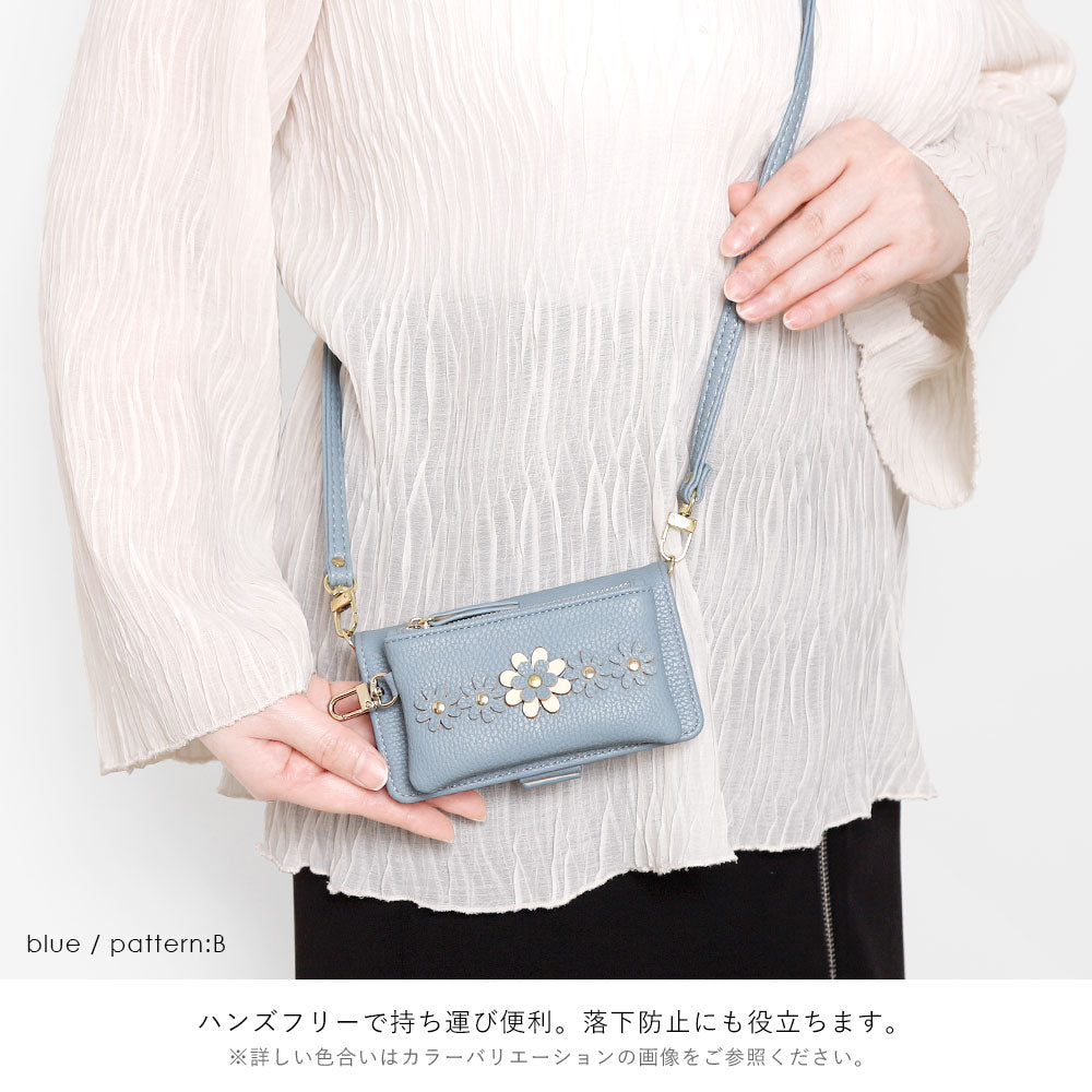 Vegan leather smoky color flower motif stand function pouch & shoulder strap included notebook-style case (with belt) for iPhone series