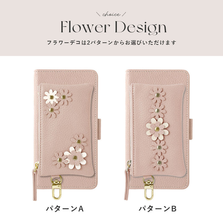 Vegan leather smoky color flower motif stand function pouch & shoulder strap included notebook-style case (with belt) Galaxy series