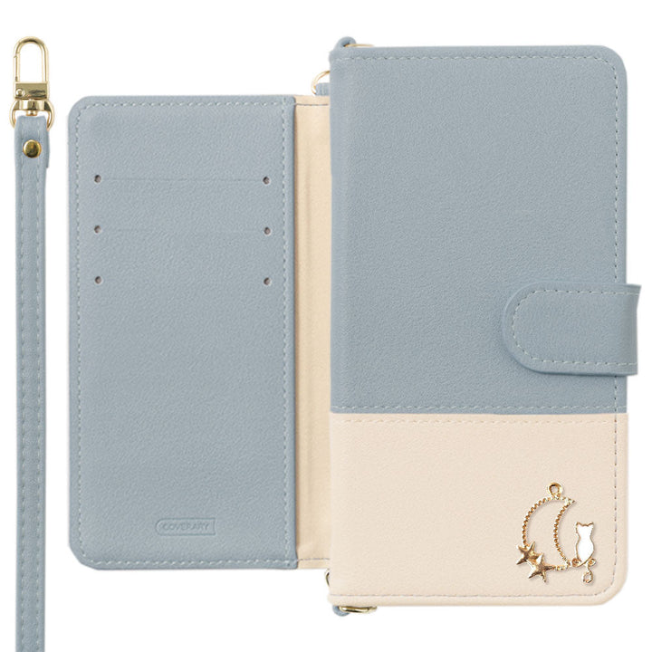 Étui portefeuille avec sangle d'épaule, cuir végan bicolore terne, décoration Moon Cat (avec ceinture) pour la série Xperia