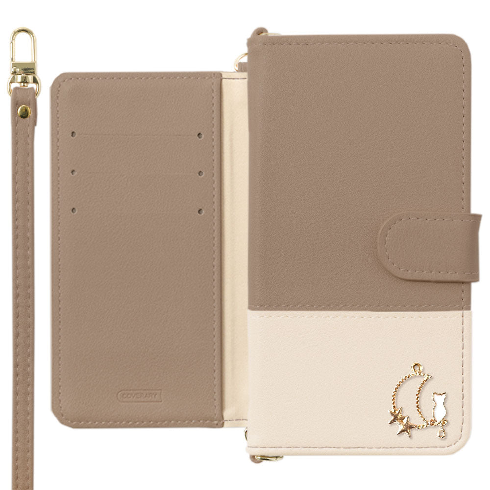 Vegan leather, front muted bicolor, Moon Cat Deco, with shoulder strap, notebook-style case (with belt) for Galaxy series