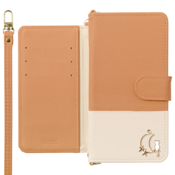 Vegan leather front dull bicolor Moon Cat Deco shoulder strap attached notebook-style case (with belt) AQUOS series