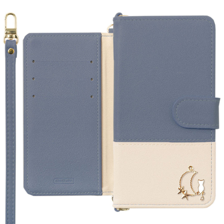 Cuir végan bicolore terne sur le dessus, décoration Moon Cat, étui portefeuille avec bandoulière (avec ceinture) pour la série Google Pixel