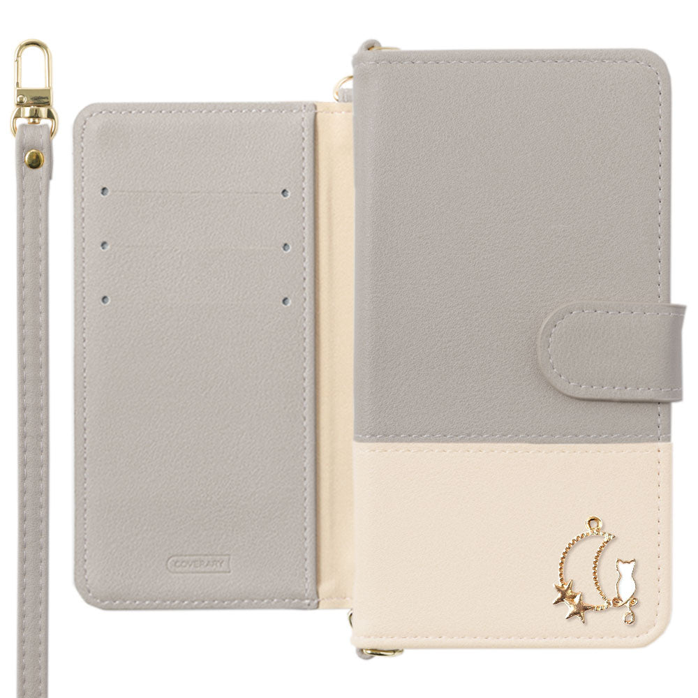 Vegan leather front dull bicolor Moon Cat Deco shoulder strap attached notebook-style case (with belt) AQUOS series