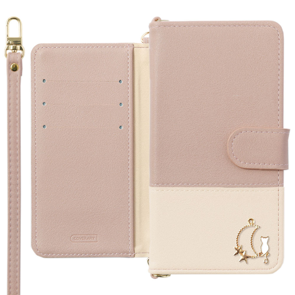 Étui portefeuille avec sangle d'épaule, cuir végan bicolore terne, décoration Moon Cat (avec ceinture) pour la série Xperia